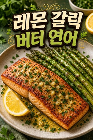 팬 프라이 레몬 갈릭 버터 연어 스테이크와 아스파라거스 구이