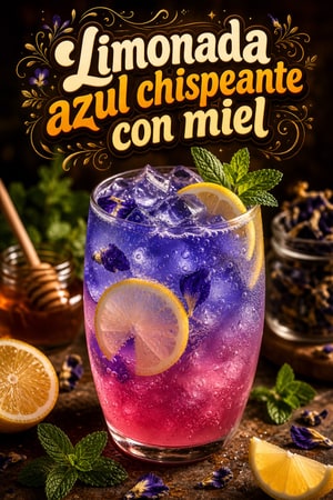 Limonada chispeante de flor azul y miel con menta fácil
