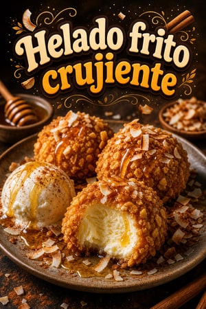 Helado frito crujiente con miel, canela y coco tostado