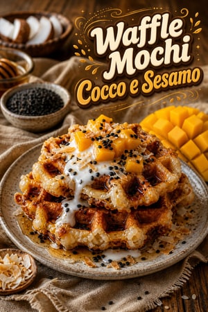 Waffle al Mochi e Cocco Croccanti con Sesamo Nero Tostato