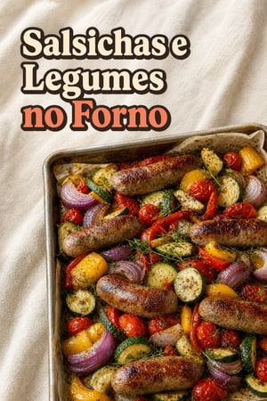 Assado de Salsichas e Vegetais num Tabuleiro com Ervas