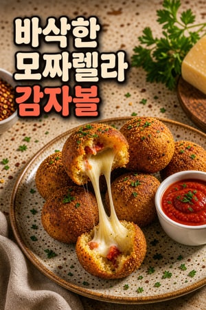 겉은 바삭하고 속은 쭉 늘어나는 모짜렐라 치즈 감자볼 레시피 마리나라 소스와 함께 즐기는 간식