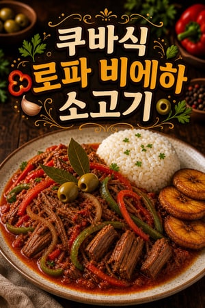 클래식 쿠바식 로파 비에하: 토마토·피망 소스에 부드럽게 찢은 소고기 가정식 레시피 — 밥과 플랜테인 곁들임