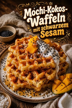 Knusprige Mochi-Kokos-Waffeln mit geröstetem schwarzem Sesam