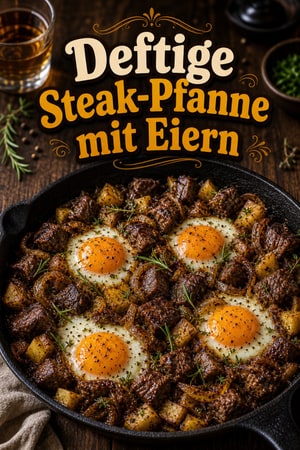 Deftige Steak-Pfanne mit Eiern und Bourbon-Zwiebeln
