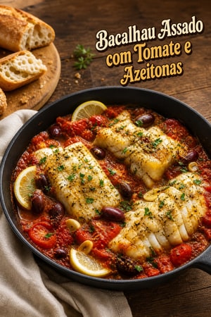 Peixe-Espada Assado com Tomates e Azeitonas