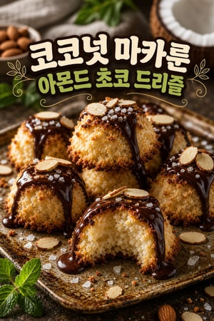 겉은 바삭하고 속은 쫄깃한 간단하게 만드는 홈메이드 코코넛 마카룬에 토스트한 아몬드 초콜릿 드리즐