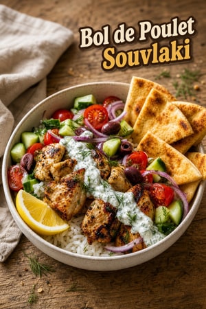 Bols de Poulet Souvlaki à la Grecque avec Tzatziki