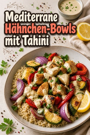 Mediterrane Hähnchen-Bowls vom Blech mit Zitronen-Tahini
