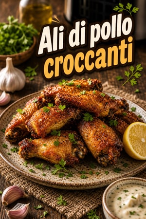 Ali di pollo croccanti in friggitrice ad aria, rub all'aglio