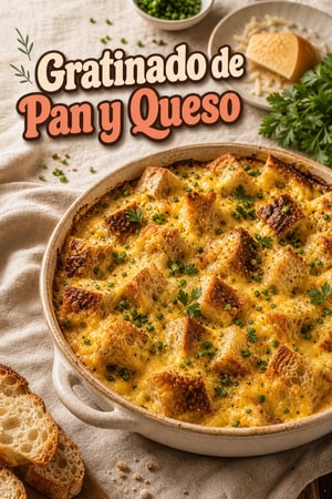 Gratinado de desayuno con pan rústico y queso fundido