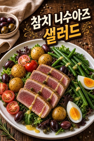 클래식 프렌치 니수아즈 샐러드 — 구운 참치와 따뜻한 감자, 레몬-디종 비네그레트로 상쾌하게 완성하는