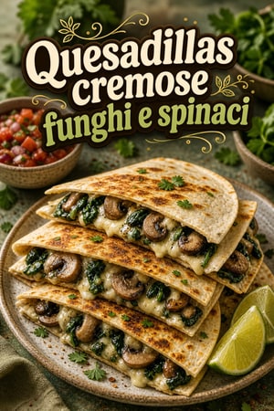 Quesadillas cremose con funghi, spinaci e formaggio