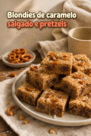 Blondies de caramelo salgado e pretzels
