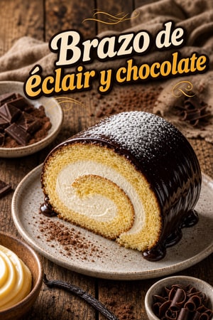 Brazo estilo éclair con crema de vainilla y chocolate