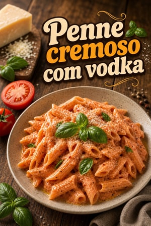Penne cremoso com vodka, tomate San Marzano e manjericão