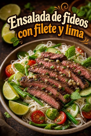 Ensalada de fideos de arroz con filete, ajo y lima