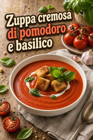 Zuppa cremosa di pomodoro arrostito e basilico con crostini