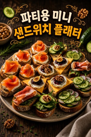 파티용 미니 샌드위치 플래터: 치즈·훈제연어·허브와 채소로 즐기는 한입