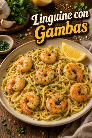 Gambas al ajillo con mantequilla, limón y pasta linguine