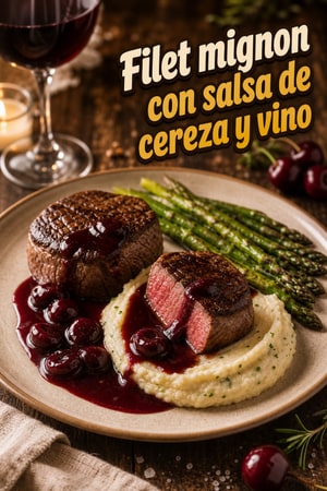 Filet mignon sellado en sartén con salsa de cereza y vino