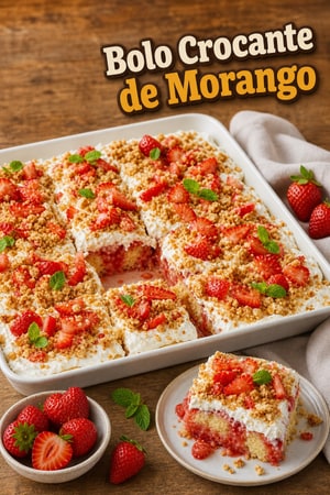 Bolo de Morango com Calda de Morango e Granola Crocante