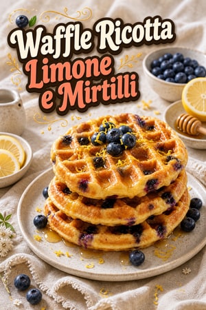 Waffle alla Ricotta, Limone e Mirtilli con Glassa al Miele