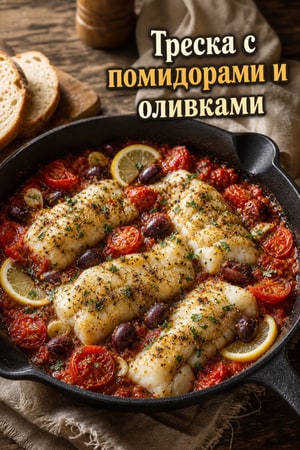 Запеченная треска с помидорами и оливками