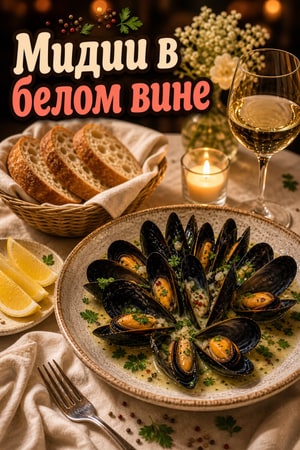 Мидии в белом вине с чесноком и хрустящим багетом