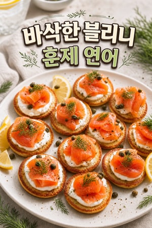 바삭한 블리니 구이 - 스메타나와 훈제 연어 토핑