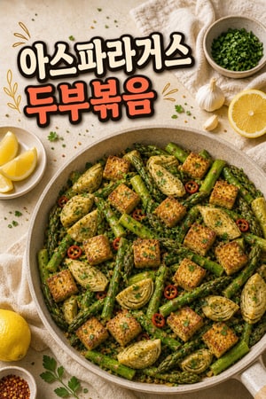 상큼한 레몬 마늘 소스로 맛을 낸 아스파라거스 두부 아티초크 볶음