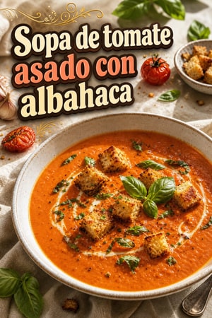 Sopa cremosa de tomate asado y albahaca con picatostes