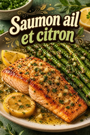 Pavés de saumon au beurre d'ail et citron, asperges rôties