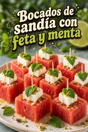 Bocados fríos de sandía, menta, feta y lima — veraniego