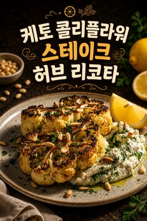 레몬 허브 리코타와 토스트 파인넛을 얹은 케토 콜리플라워 스테이크 — 간단한 저녁용 손님용 레시피