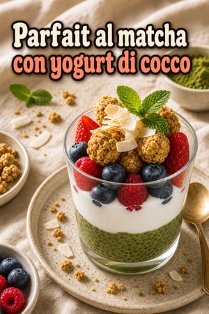 Parfait cremoso al matcha con yogurt di cocco e frutti