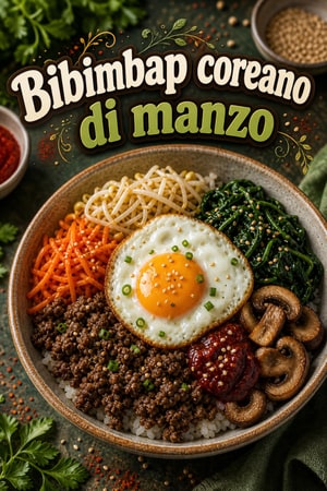 Bibimbap coreano di manzo con gochujang e sesamo aromatico