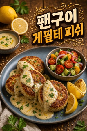 겉은 바삭 속은 부드러운 팬구이 게필테 피쉬 케이크와 레몬 타히니 소스, 이스라엘 허브 샐러드