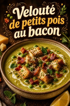 Velouté crémeux de petits pois au bacon et croûtons