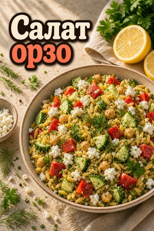 Салат из орзо с лимоном, зеленью, фетой и нутом