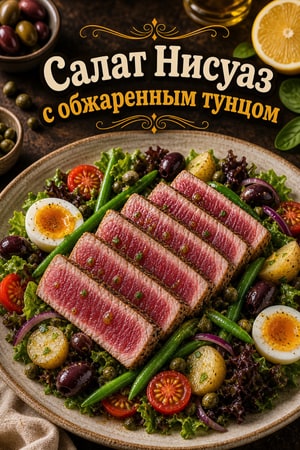 Классический салат Нисуаз с обжаренным тунцом Ахи