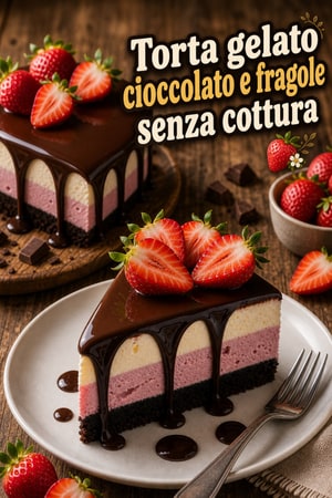 Torta gelato senza cottura cioccolato e fragole estiva