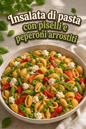 Insalata di pasta con piselli e peperone rosso arrostito