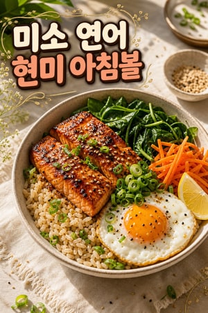 집에서 빠르게, 간단하고 영양가득 정성스러운 구수한 된장 미소 연어 브라운라이스 아침 볼 레시피