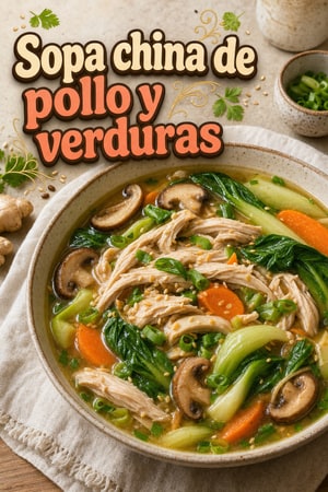 Sopa china de pollo y verduras para salud equilibrada