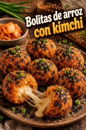 Bolitas de Arroz con Kimchi Crujientes y Mozzarella Fundida