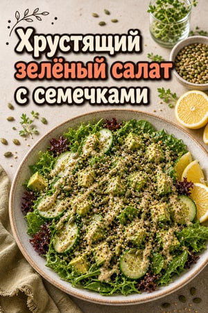 Хрустящий зеленый салат с суперсеменами и тахини