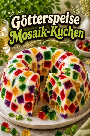 Farbenfroher Mosaik-Götterspeise-Kuchen mit Vanille-Creme