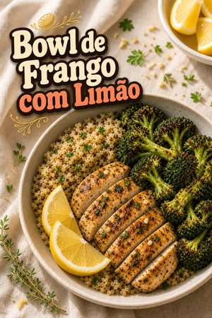 Bowl de Frango com Limão, Alho e Quinoa com Brócolos Assados