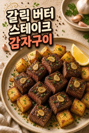 집에서 간편하게 만드는 갈릭 버터 스테이크 바이트와 허브 크리스피 감자, 30분 만찬 레시피